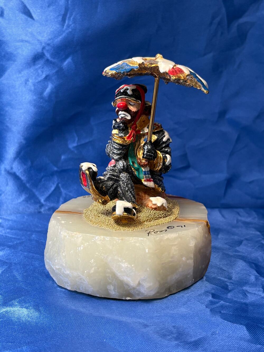 Vintage Hobo Clown Holding Umbrella Mounted on Stone Base Signed by Ron Lee